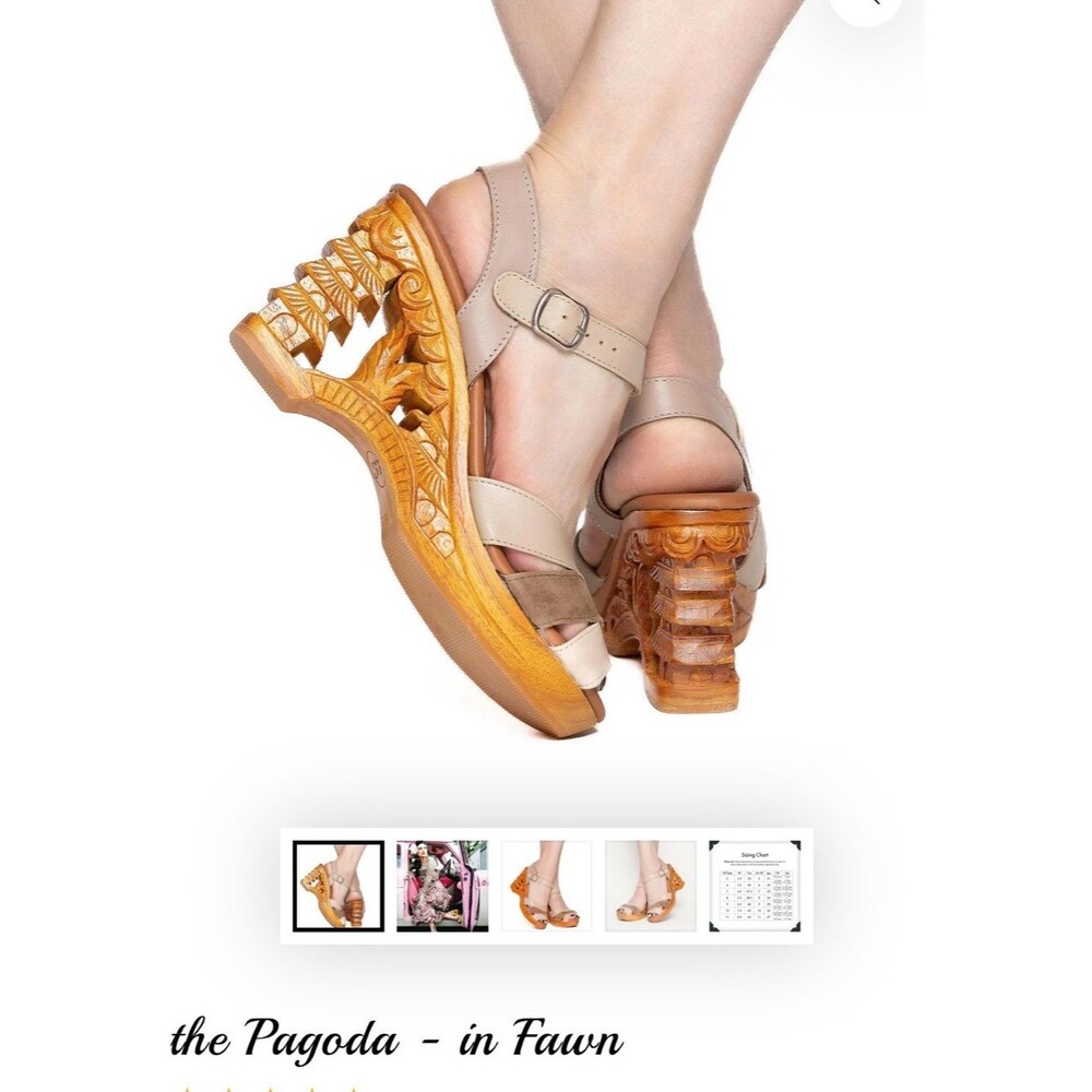 Lucky Lou. The Pagoda Fawn Carved-Wood Wedge Sandal